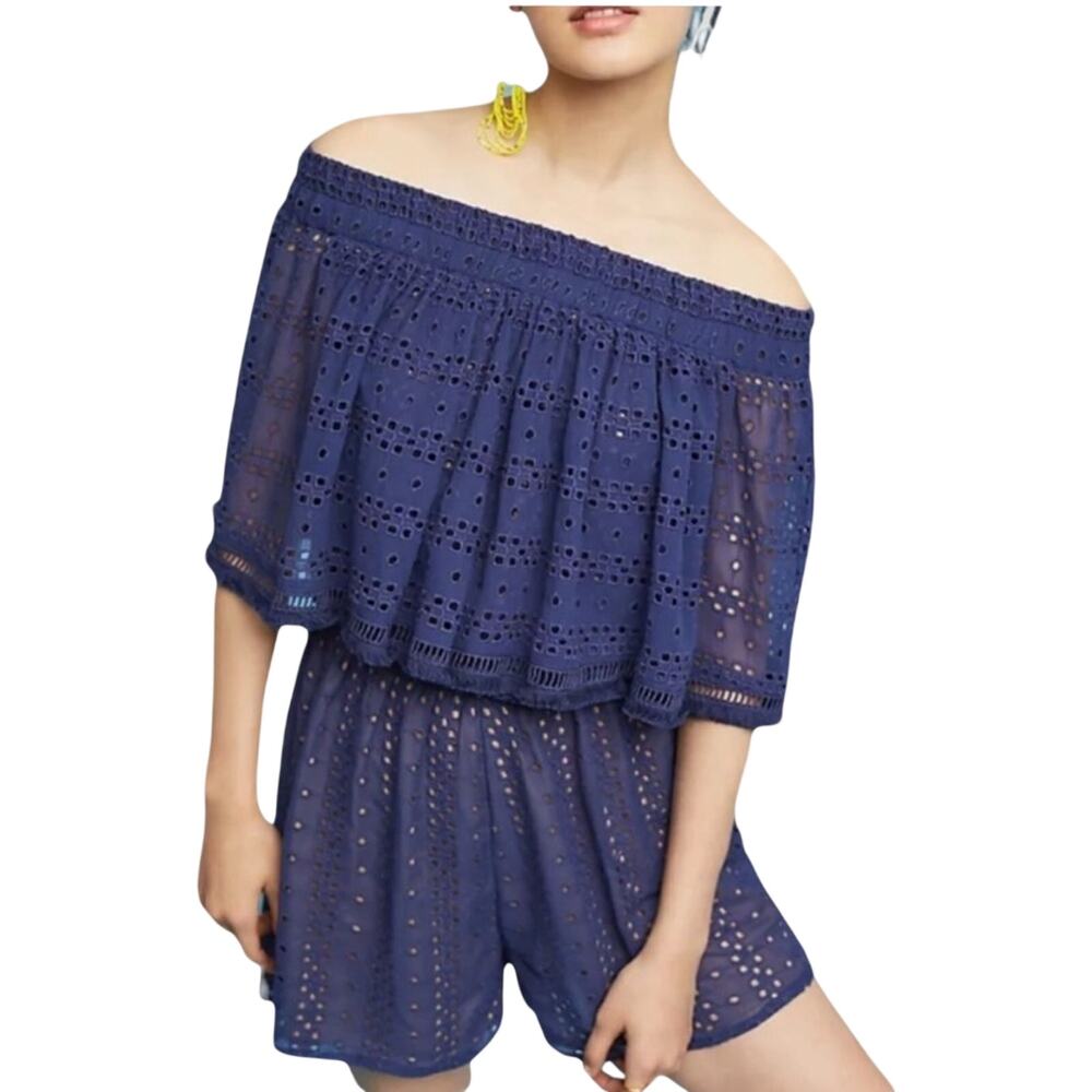 Anthropologie Ranna Gill Tiered Eyelet Romper Womens Size XS Navy Boho Festivial